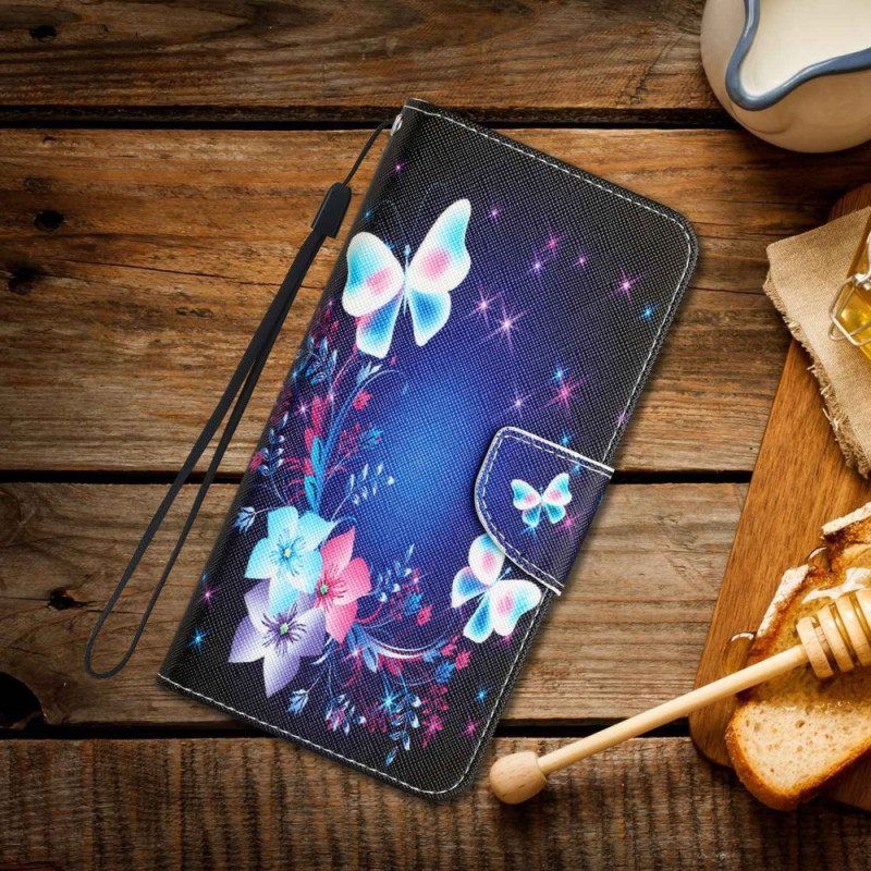 Leren Hoesje voor Xiaomi 12T / 12T Pro Lichtgevende Vlinders Met Lanyard