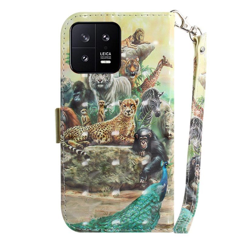 Leren Hoesje voor Xiaomi 13 Met Ketting Safari Dieren Strappy Pump