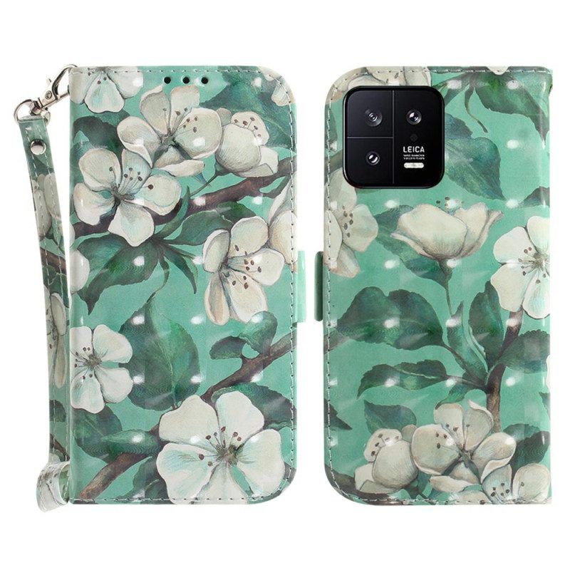 Leren Hoesje voor Xiaomi 13 Met Ketting Witte Bloemen Met Bandjes