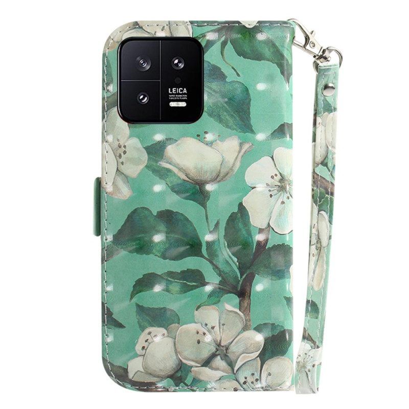 Leren Hoesje voor Xiaomi 13 Met Ketting Witte Bloemen Met Bandjes