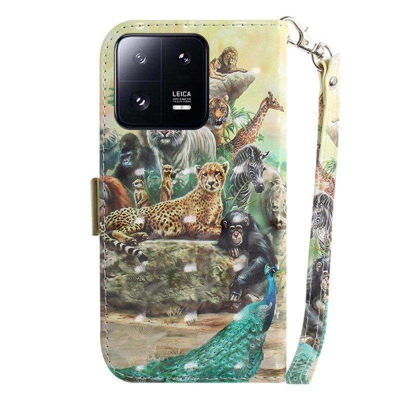 Leren Hoesje voor Xiaomi 13 Pro Met Ketting String Safari Dieren