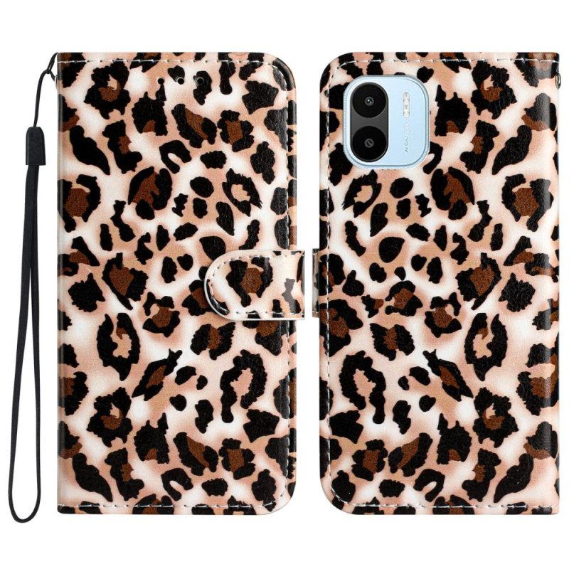 Leren Hoesje voor Xiaomi Redmi A1 Met Ketting Luipaardprint Met Bandjes