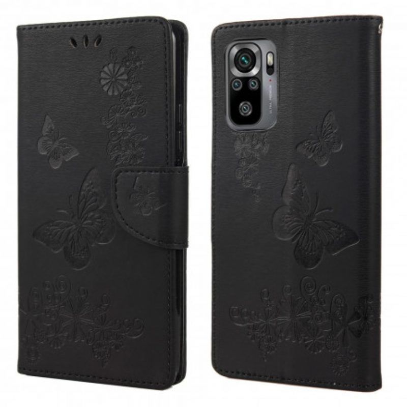 Leren Hoesje voor Xiaomi Redmi Note 10 / 10S Alleen Vlinders Met Lanyard