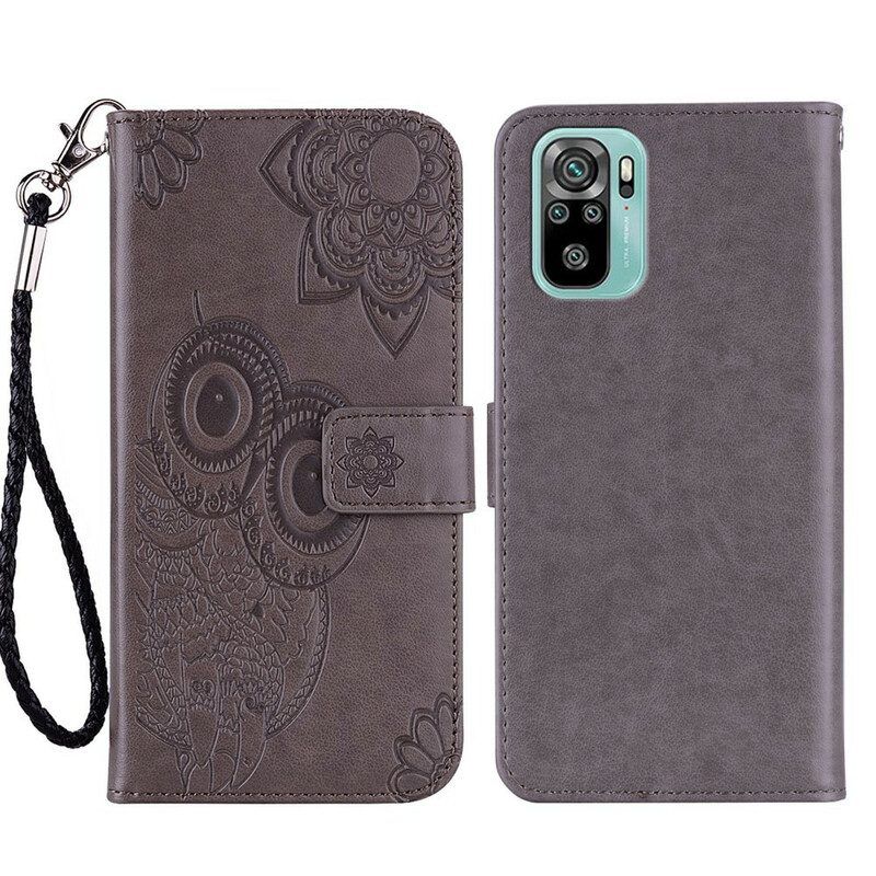 Leren Hoesje voor Xiaomi Redmi Note 10 / 10S Uil Mandala En Lanyard