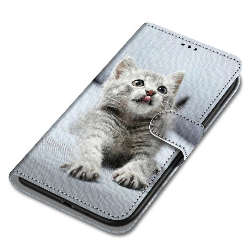 Leren Hoesje voor Xiaomi Redmi Note 11 Pro Plus 5G Met Ketting Grijze Kitten Met Riem