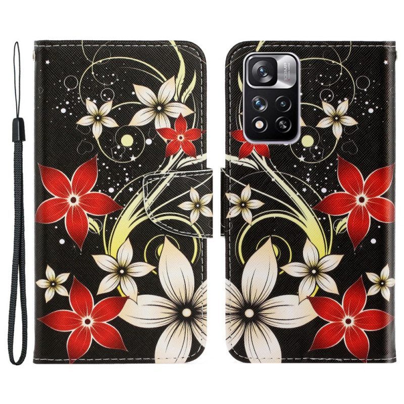 Leren Hoesje voor Xiaomi Redmi Note 11 Pro Plus 5G Met Ketting Kleurrijke Strappy Bloemen