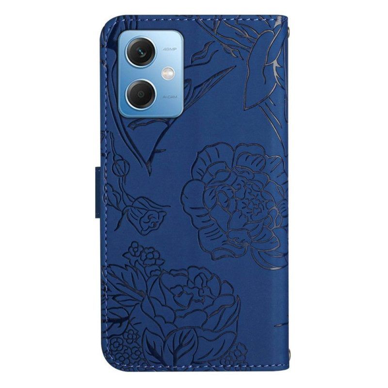 Leren Hoesje voor Xiaomi Redmi Note 12 5G Vlinders En Schouderriem