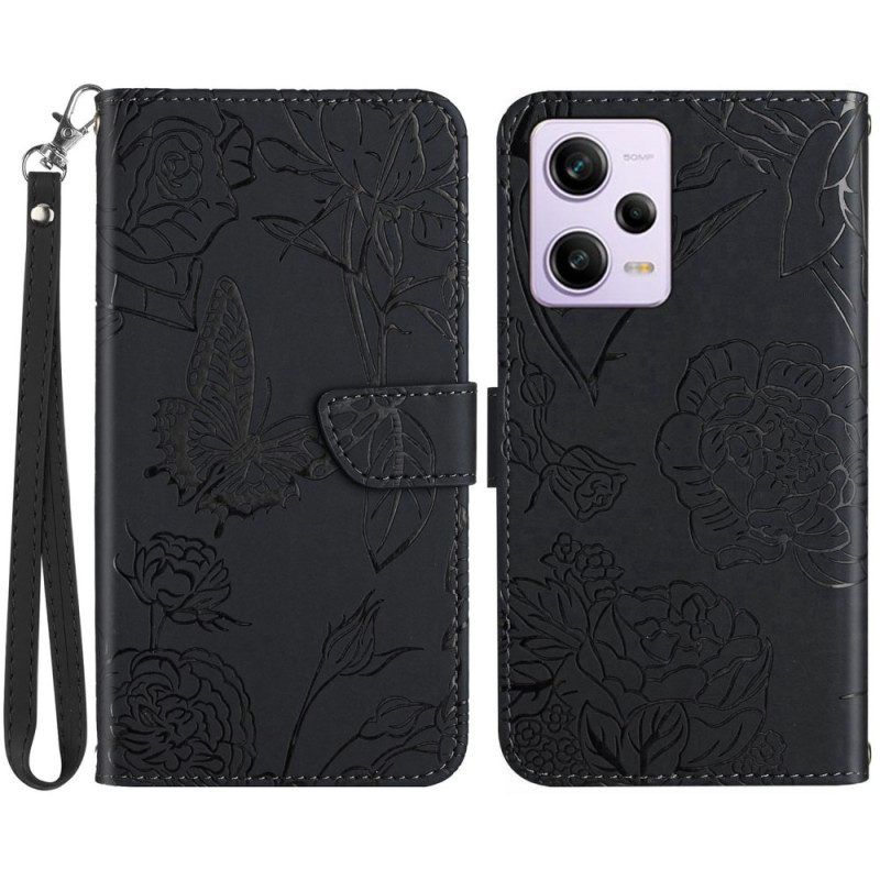 Leren Hoesje voor Xiaomi Redmi Note 12 Pro Vlinders En Lanyard