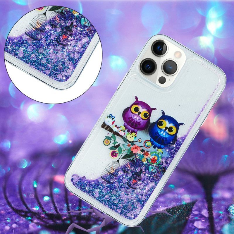 Telefoonhoesje voor iPhone 15 Pro Max Glitterpaar Uilen